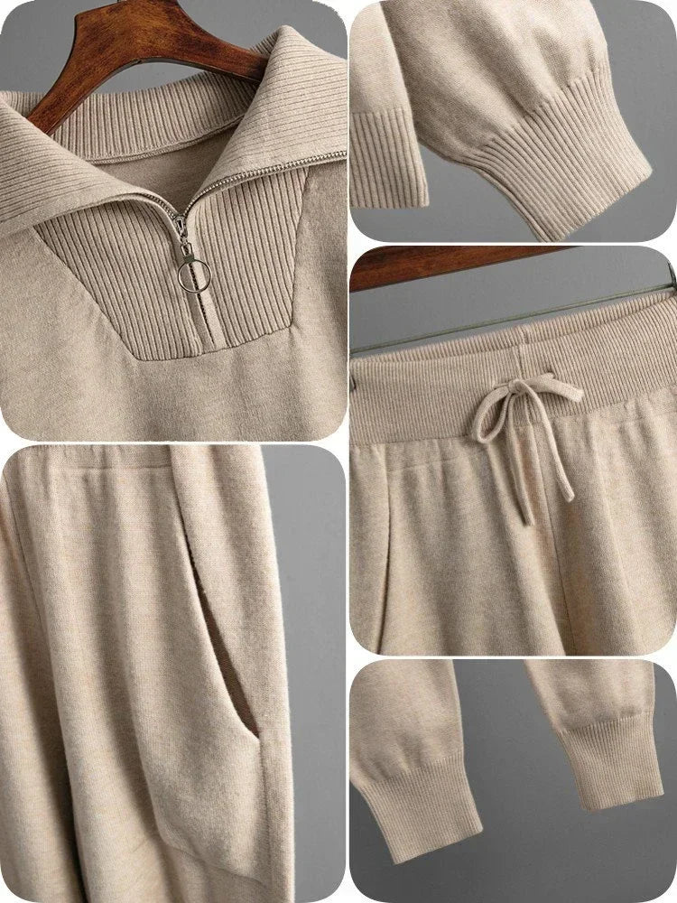 Women's Knitted Sweater and Pants Set - Versatile 2-Piece Outfit