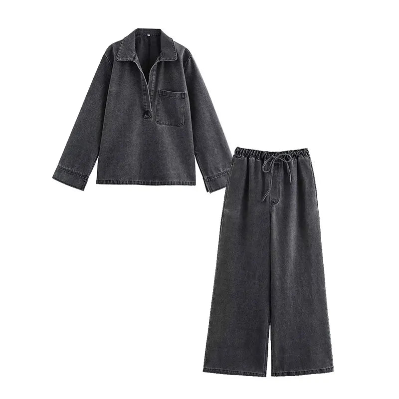 Women’s Two-Piece Sweater Set with Turn-Down Collar & High-Waist Drawstring Pants