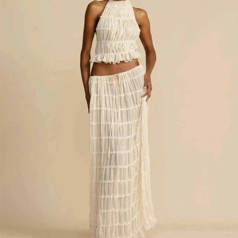 womens Halter Neck Long Backless Sling Top Lace Up Fold Maxi dress