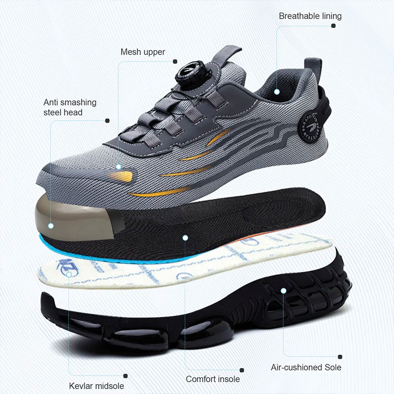 Rotating Button Men’s Anti-Puncture Protective Sneakers – Durable, Comfortable Work Shoes for Men