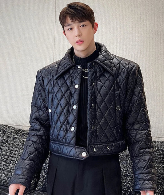 Men's Short Cotton-Padded Jacket with Rhombus Grid Pattern and Thickened Insulation