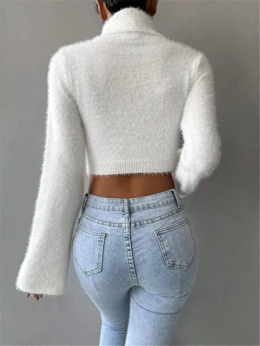 Women's Short Flare Sleeve Mock Neck Cropped Knit Sweater