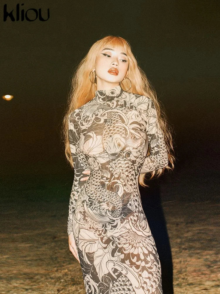 Women's Long Sleeve Mesh Sheer Bodycon Dress