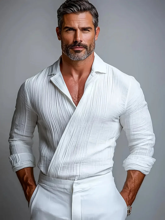 Men's Pleated Textured Long Sleeve Shirt with Lapel, Criss-Cross Design, and Breathable Fabric