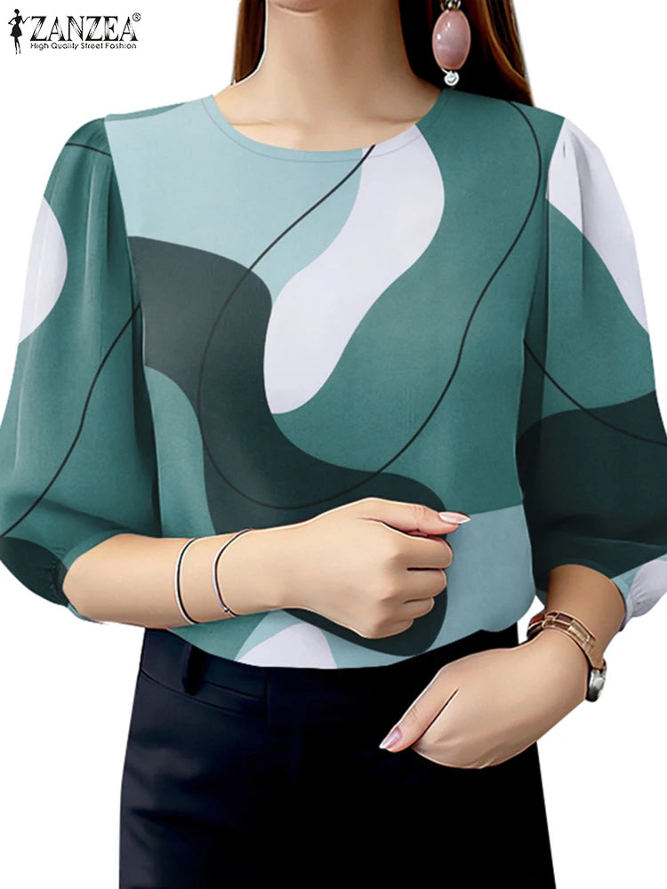 ZANZEA Women's Elegant Color-Blocked 3/4 Puff Sleeve Blouse