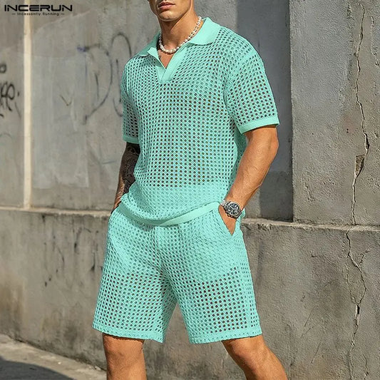 Incerun Men's Two-Piece Hollow Out Lapel Short Sleeve T-Shirt and Short Set