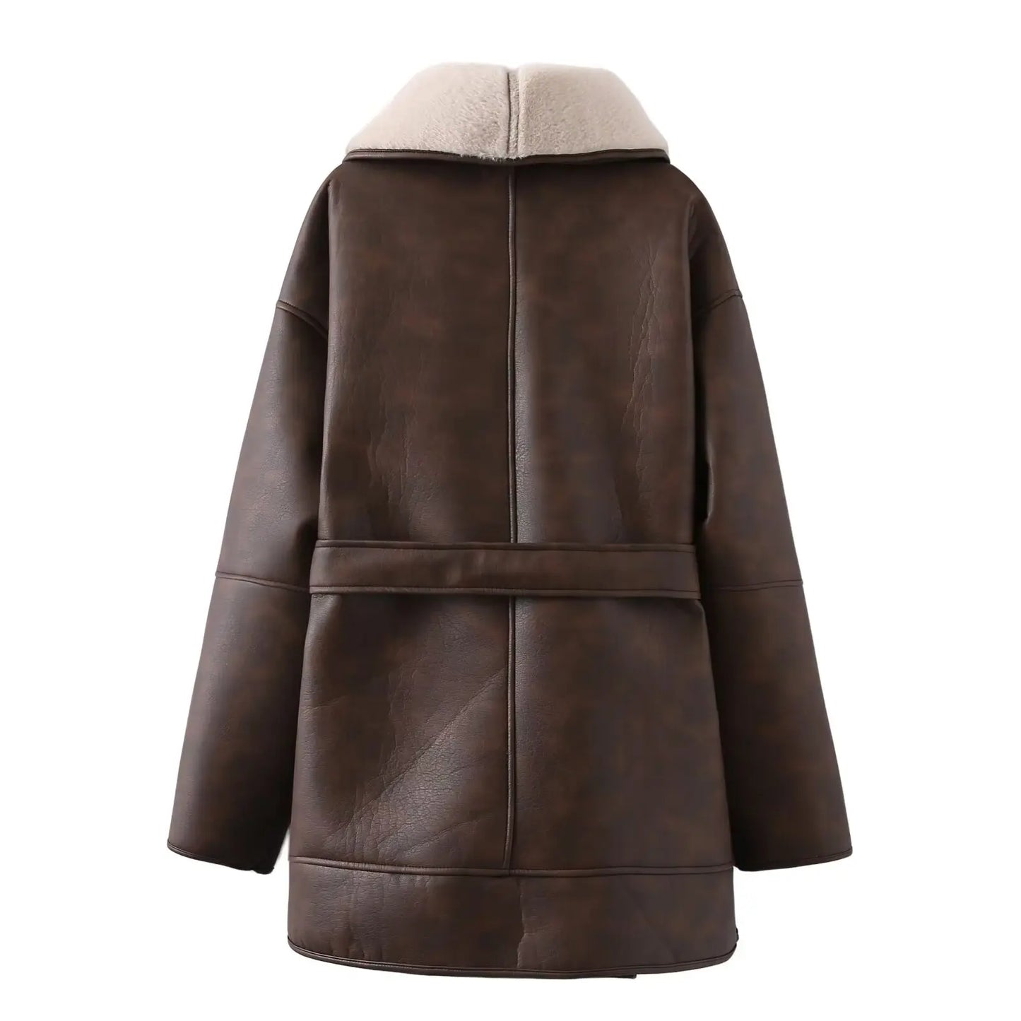 Women's Faux Leather Fleece Collar Jacket with Belt