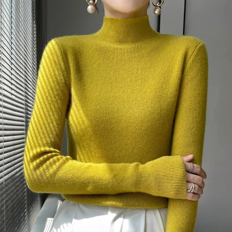 Ribbed Neck Sweater for Women - Fitted Knitted Pullovers