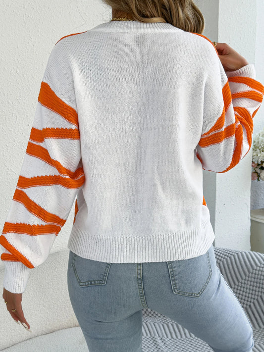 Women's Stripe Sweater - Casual Round Neck Lantern Sleeve Knitted Pullover