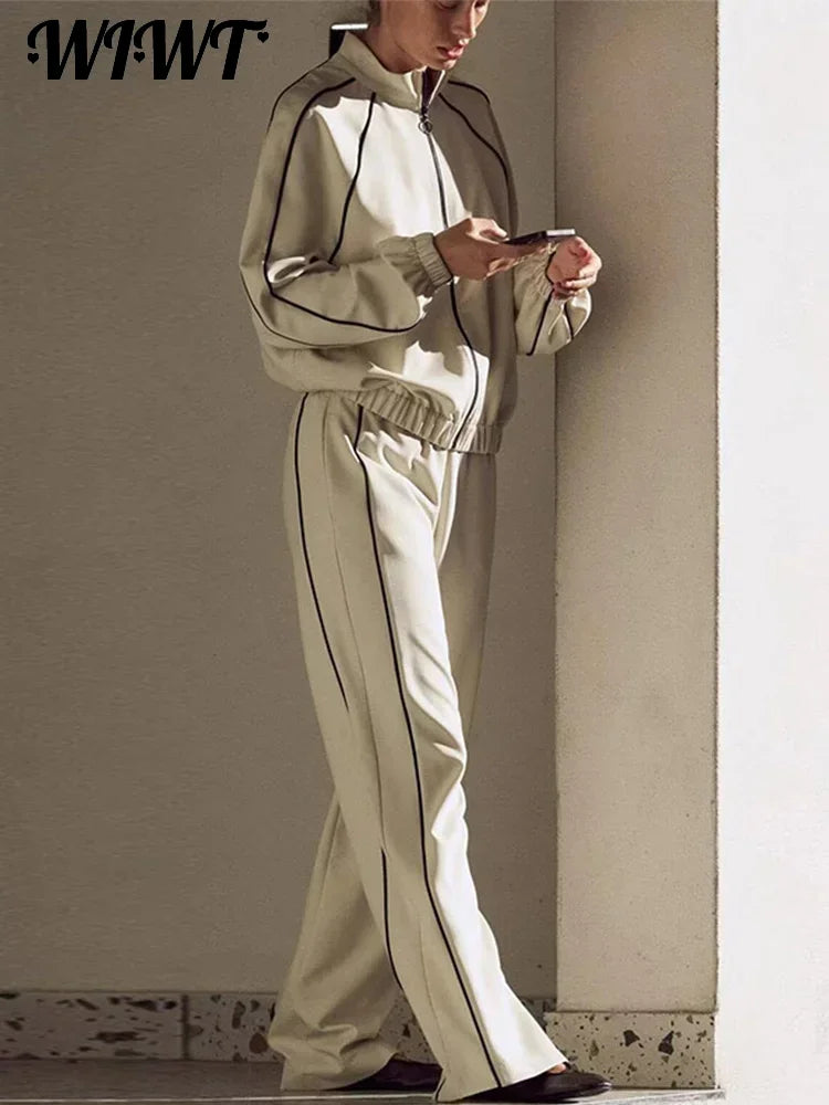 Women's Two-Piece Striped Zipper Jacket and Pants Set