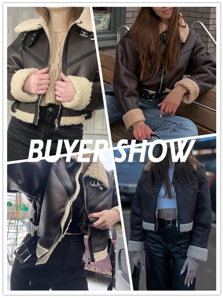 Women's Faux Leather Fur Short Jacket with Belt