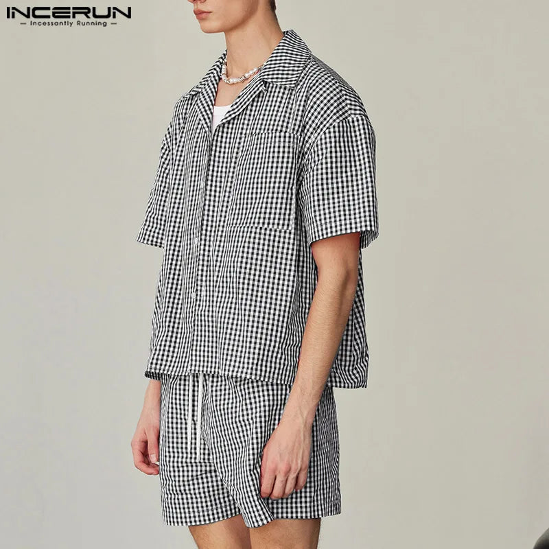 INCERUN Men's Plaid Two-Piece Shirt and Shorts Set – Casual Loose Fit