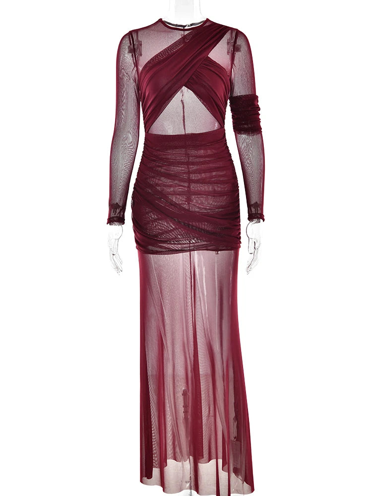 Women's Elegant Long Sleeve Bodycon Dress with Mesh Accents