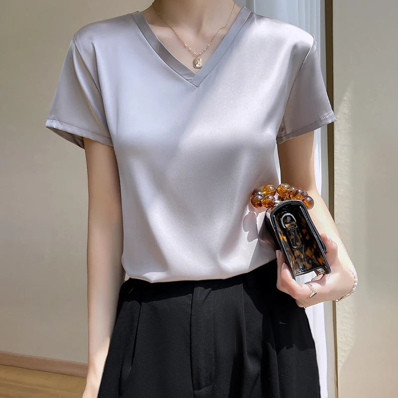 Elegant Women's Satin Silk V-Neck Short Sleeve Blouse