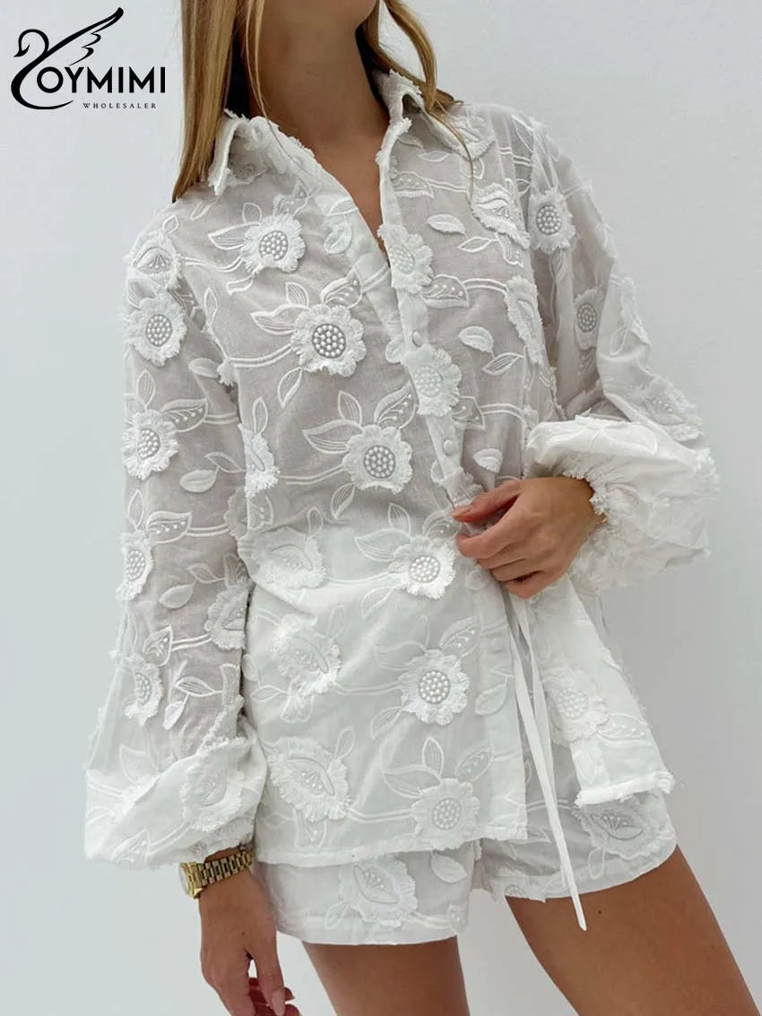 Women's White Cotton 2-Piece Set: Button Sleeve Shirt & High-Waist Shorts