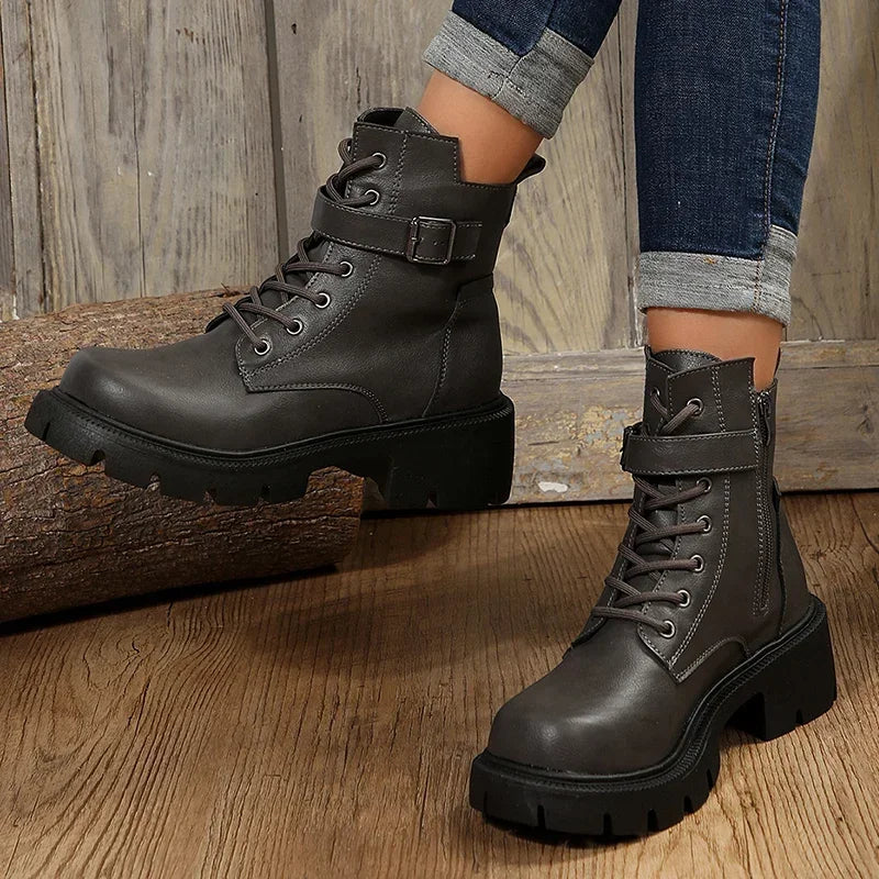 Women’s Chunky Heel Belt Buckle Boots with Lace-Up Design