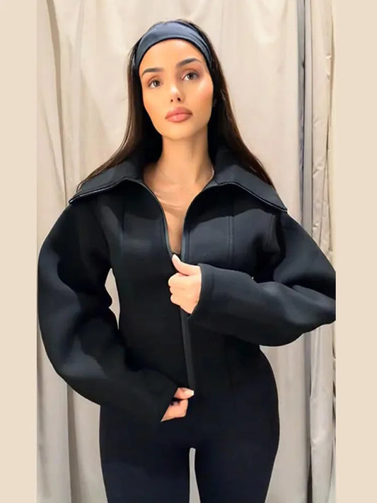 Women's Long Sleeve Zipper Jacket with Turn-Down Collar – Casual and Chic