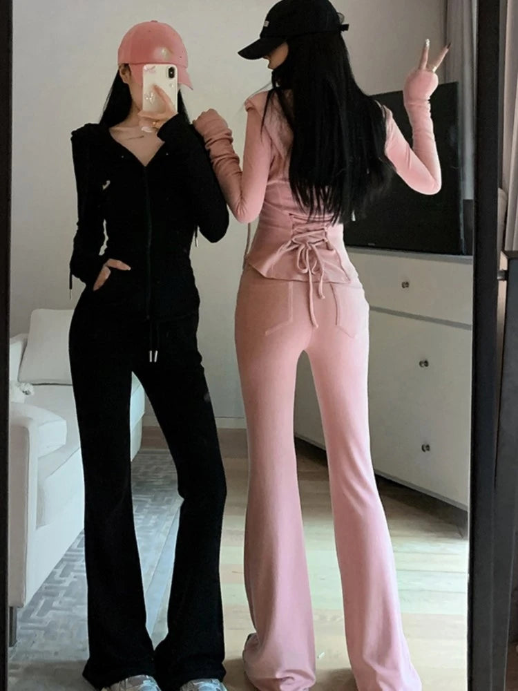 Women's Hooded Zipper Jacket and Drawstring Wide Leg Pants Two-Piece Tracksuit Set