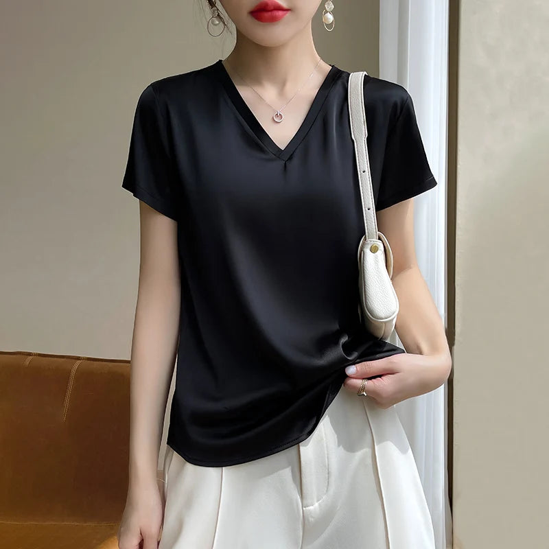 Elegant Women's Satin Silk V-Neck Short Sleeve Blouse