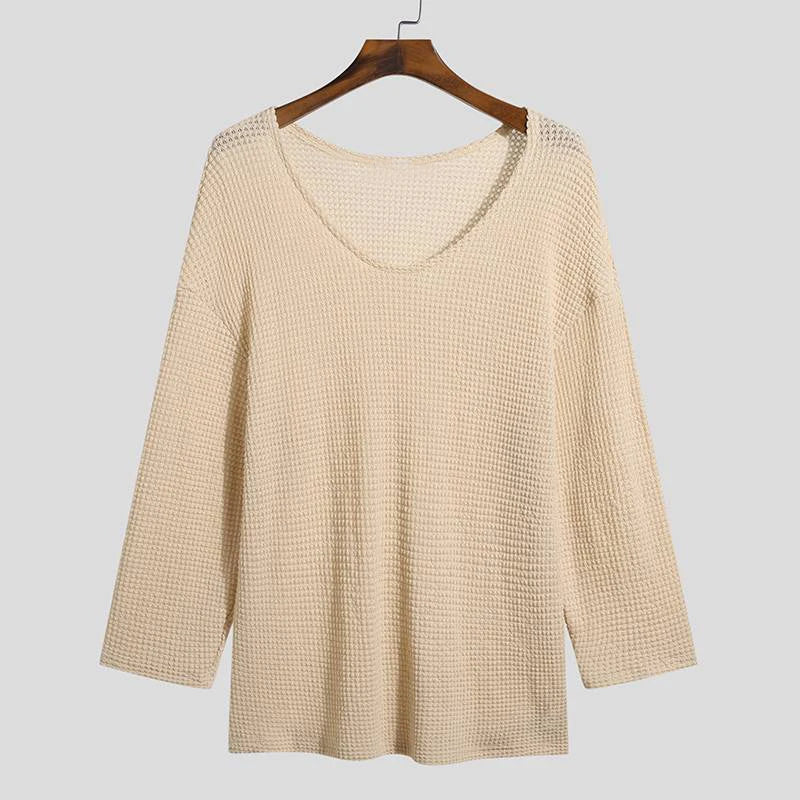 Men's Knit V-Neck Long Sleeve Hollow Out Loose Fit Sweater