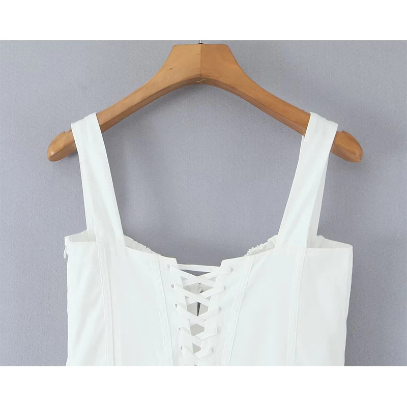 Elegant White Cotton Sling Dress for Women with Lace-Up Bandage Back