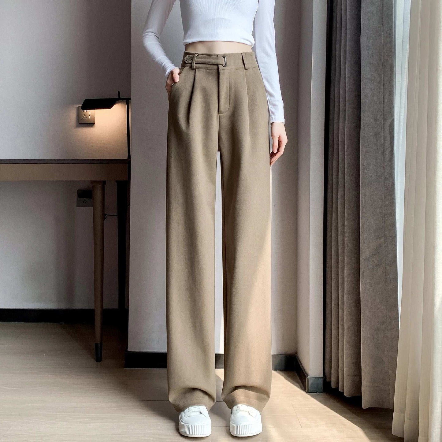 Seoulish Women's High-Waist Wide-Leg Trousers with Loose Fit and Button Detail
