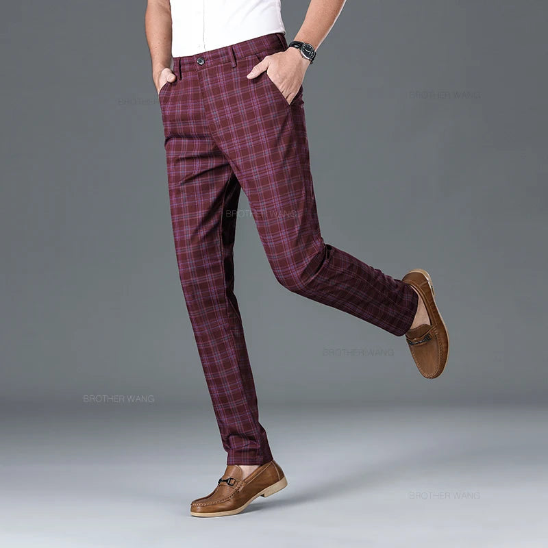 Slim Fit Cotton Plaid Stretch Trousers for Men