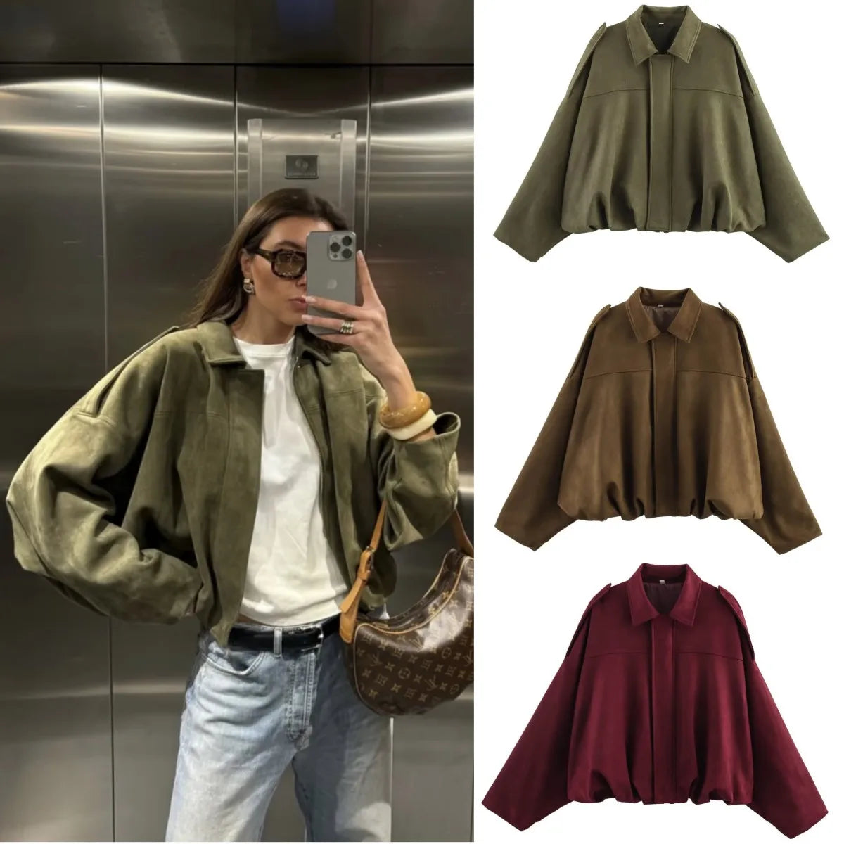 Person wearing a green jacket with an elevator background and three different colored jackets displayed on the right.