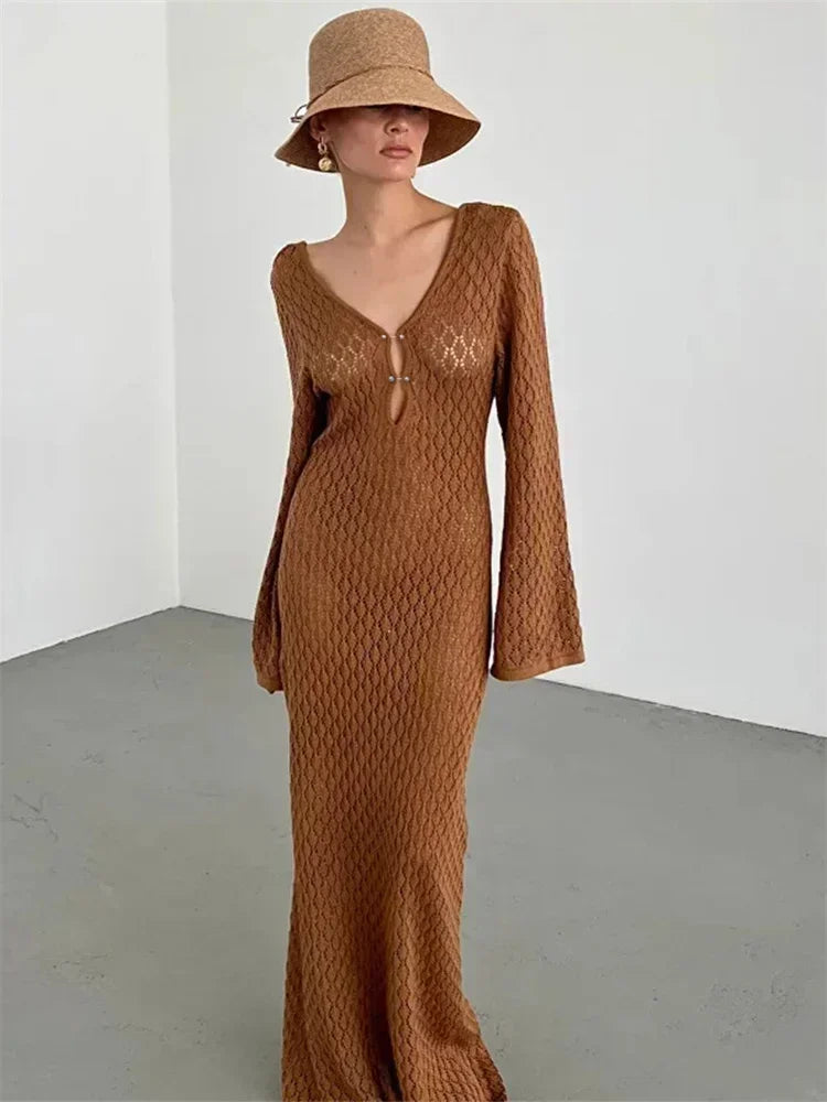 Women's Knitted Crochet Maxi Cover Up Dress - Hollow Long Sleeve & Backless