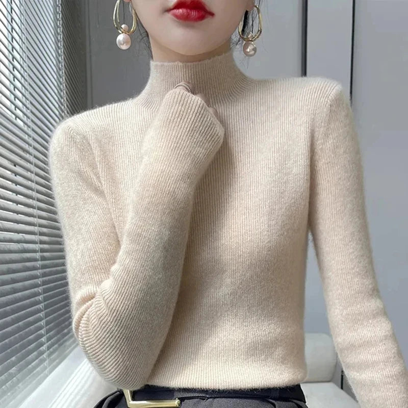 Ribbed Neck Sweater for Women - Fitted Knitted Pullovers