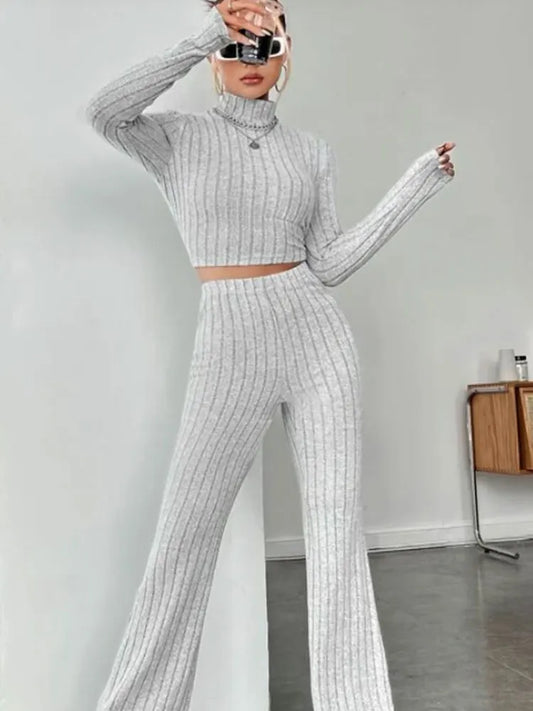 Women's Stand Collar Crop Sweater and Flared Pants 2-Piece Set