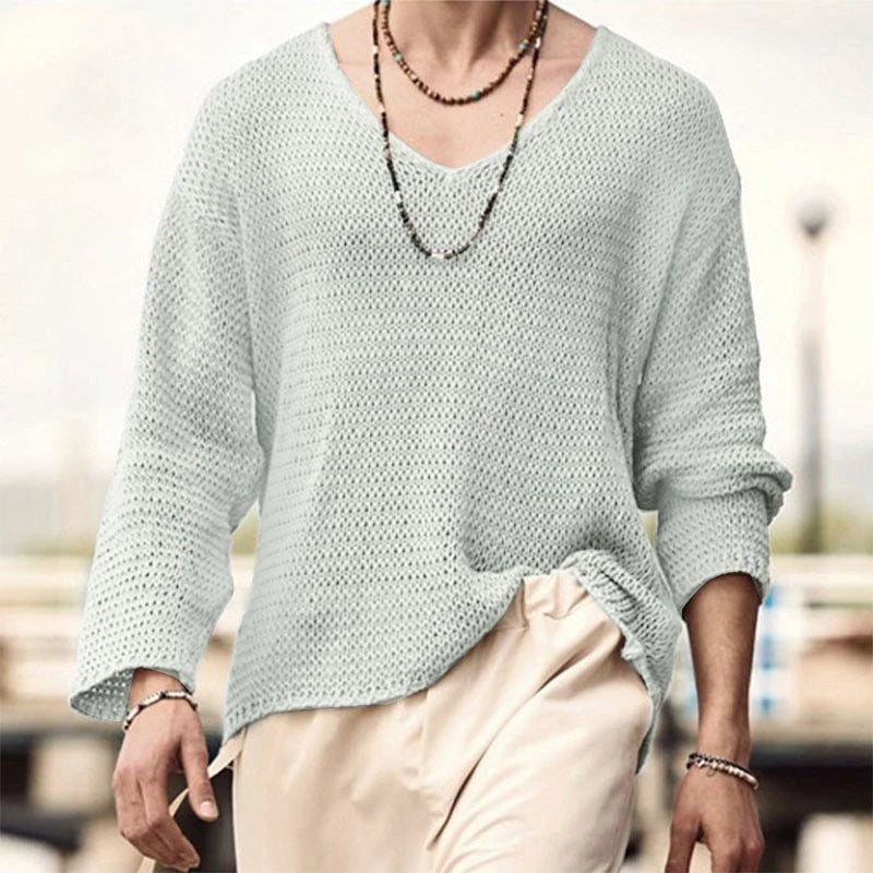Men's Knit V-Neck Long Sleeve Hollow Out Loose Fit Sweater