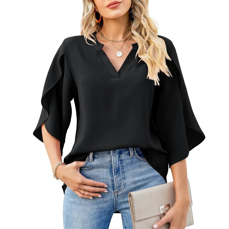Women's Chiffon Blouse with Flare Sleeves - V-Neck Loose Fit