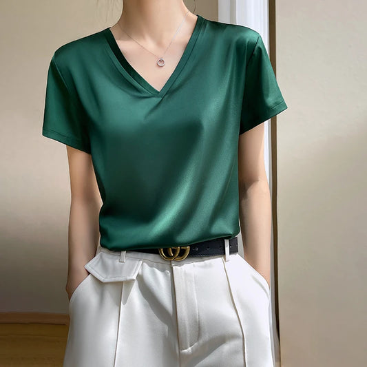 Elegant Women's Satin Silk V-Neck Short Sleeve Blouse
