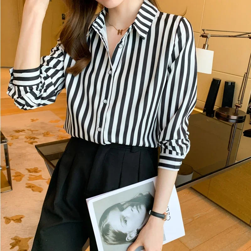 Women's Long Sleeve Black and White Striped Shirt
