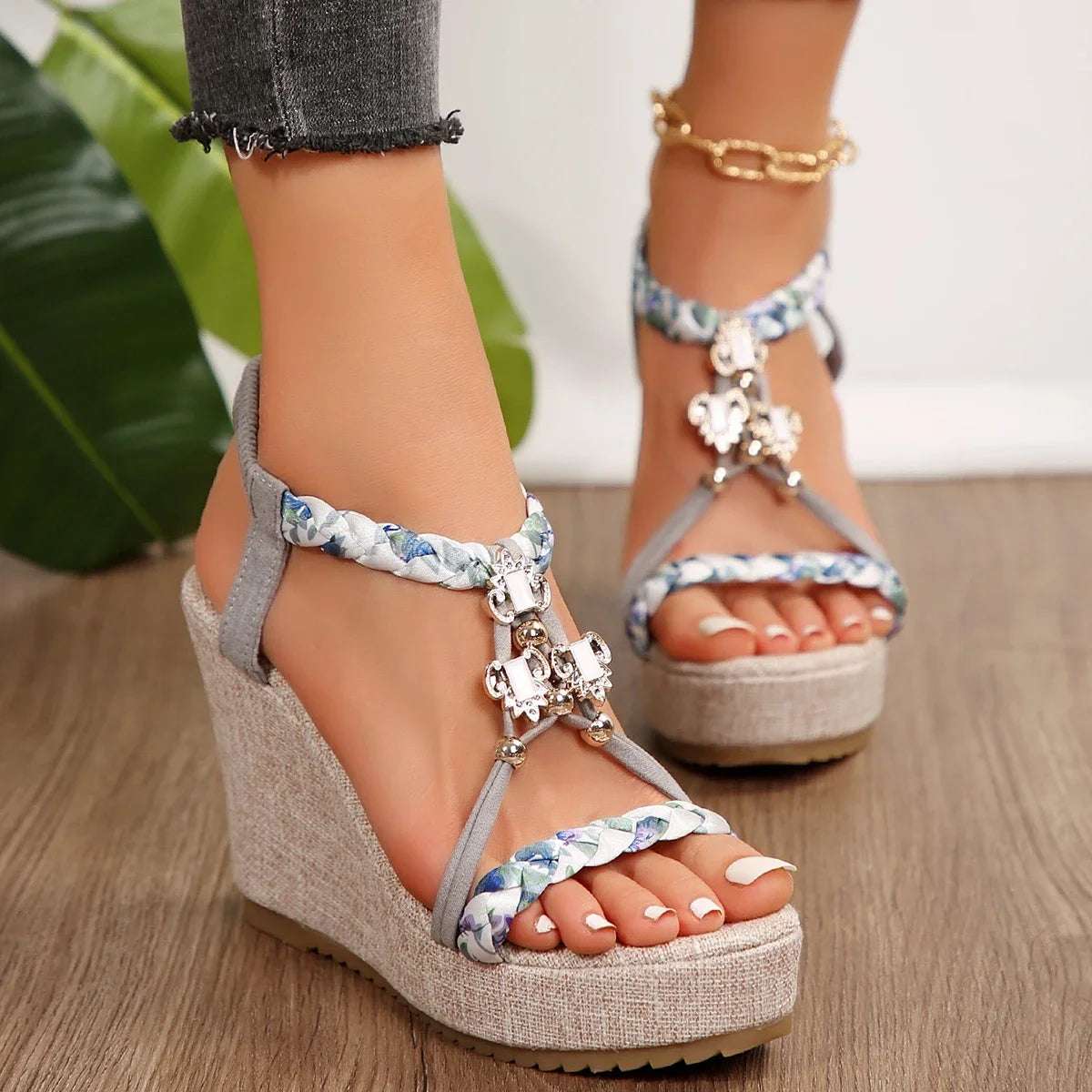 Women's Braided Platform Sandals - Metal Decor Wedge