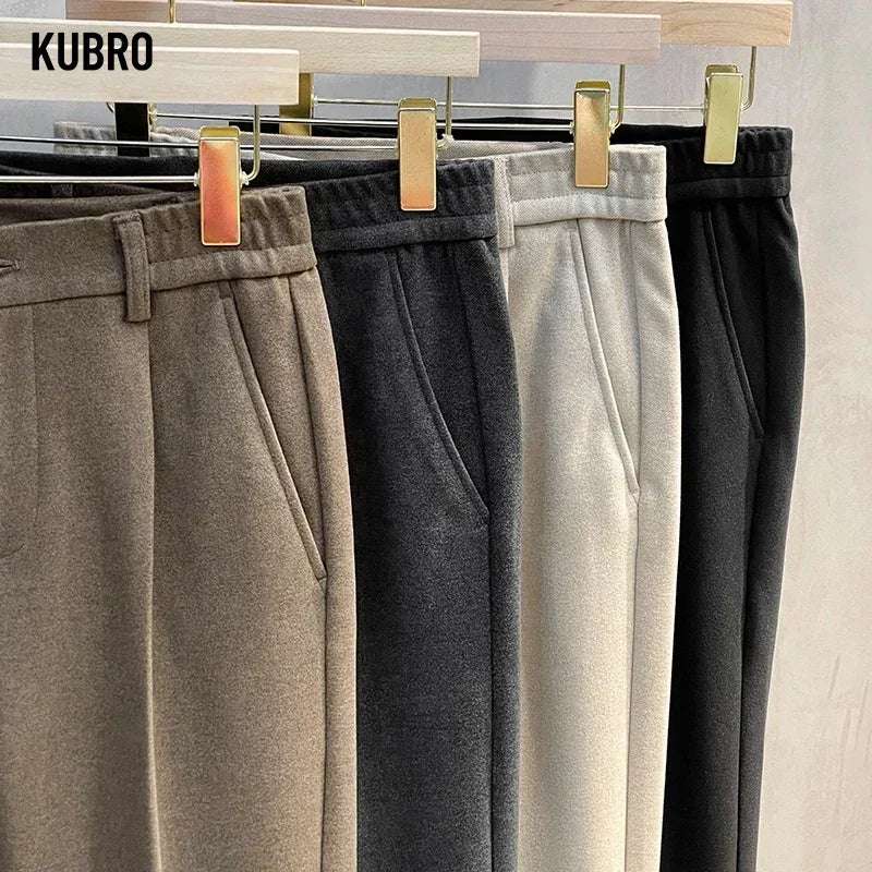 Kubro Men's Thick Elastic-Waist Classic Wool Straight Trousers