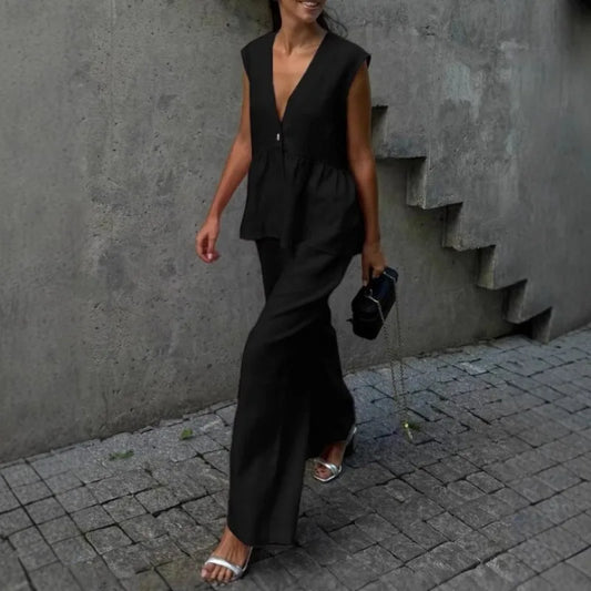 Women's 2-Piece V-Neck Backless Halter Lace-Up Vest with Straight Pants