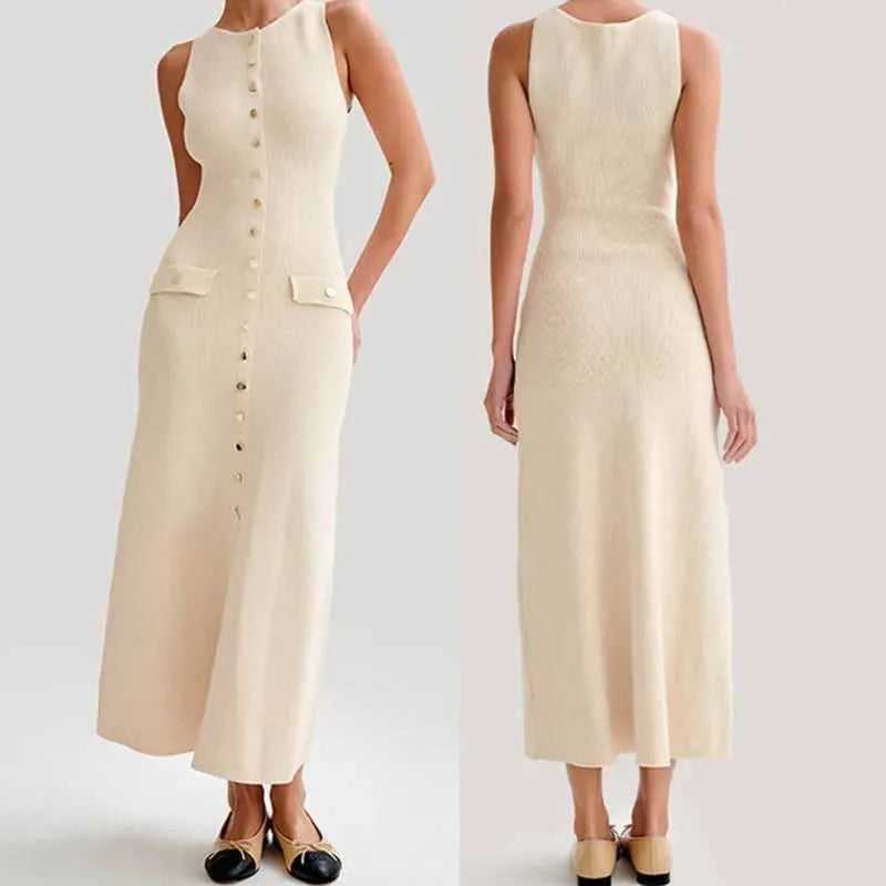 Stylish Women's Long Sleeveless Knitted Dress with Buttons
