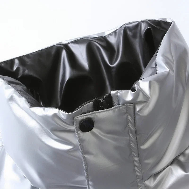 Men's Glossy Thickened Parka Jacket with Stand Collar