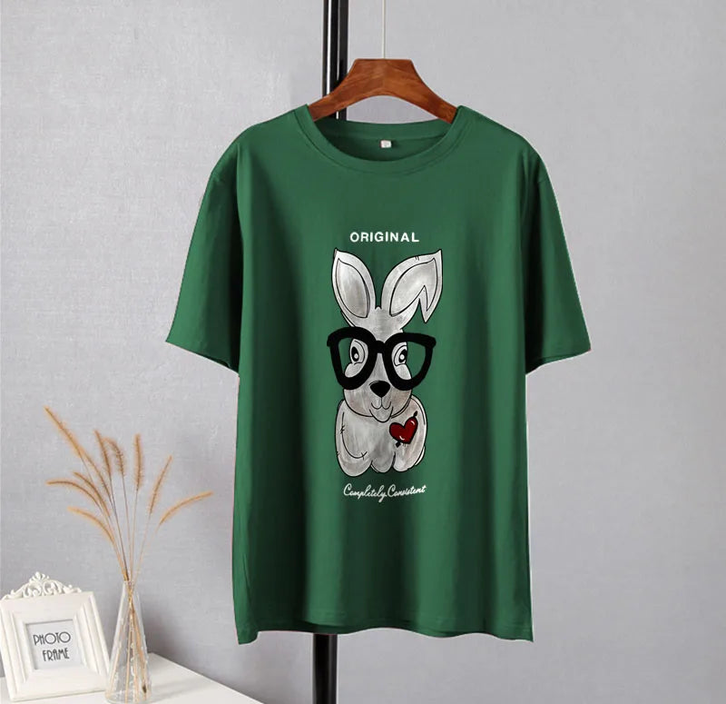 Elegant Rabbit Cartoon Printed Oversized Cotton T-Shirt for Women – Casual Style by Hirsionsan