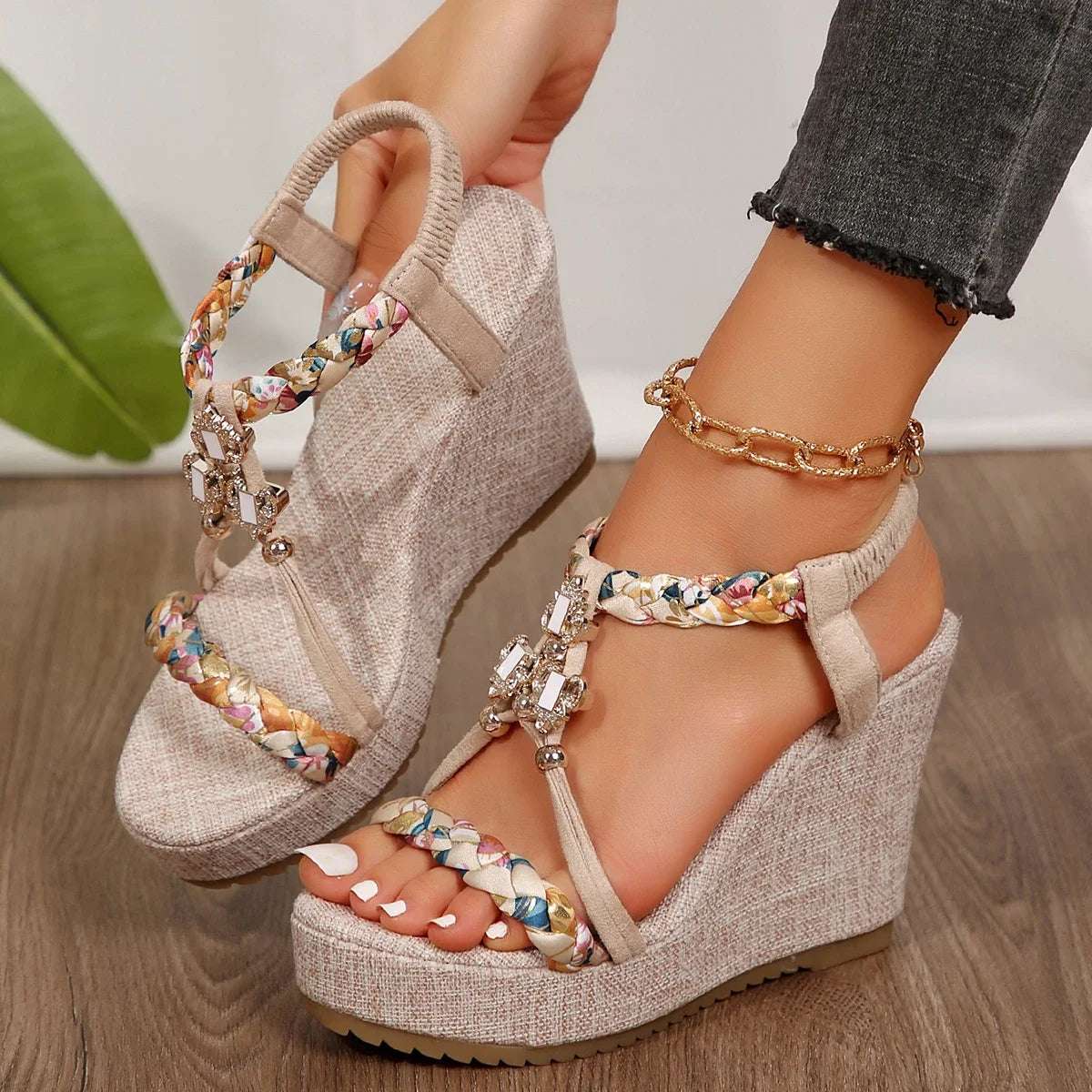 Women's Braided Platform Sandals - Metal Decor Wedge