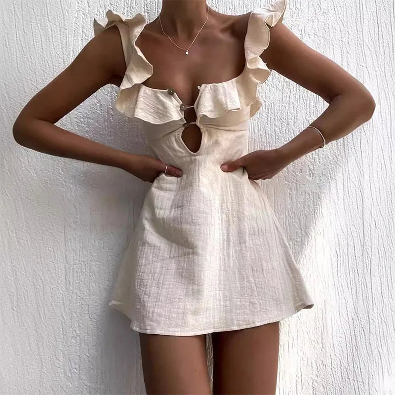 Women's V-Neck Sleeveless Mini Dress with Hollow Out Button Ruffles