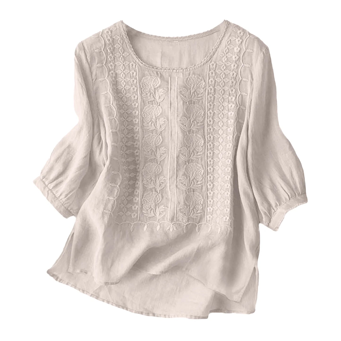 Women's Cotton Linen T Shirts Lace Crochet Embroidery Blouses Round Neck 3/4 Sleeve Casual Tops Thin Breathable Shirts Clothes