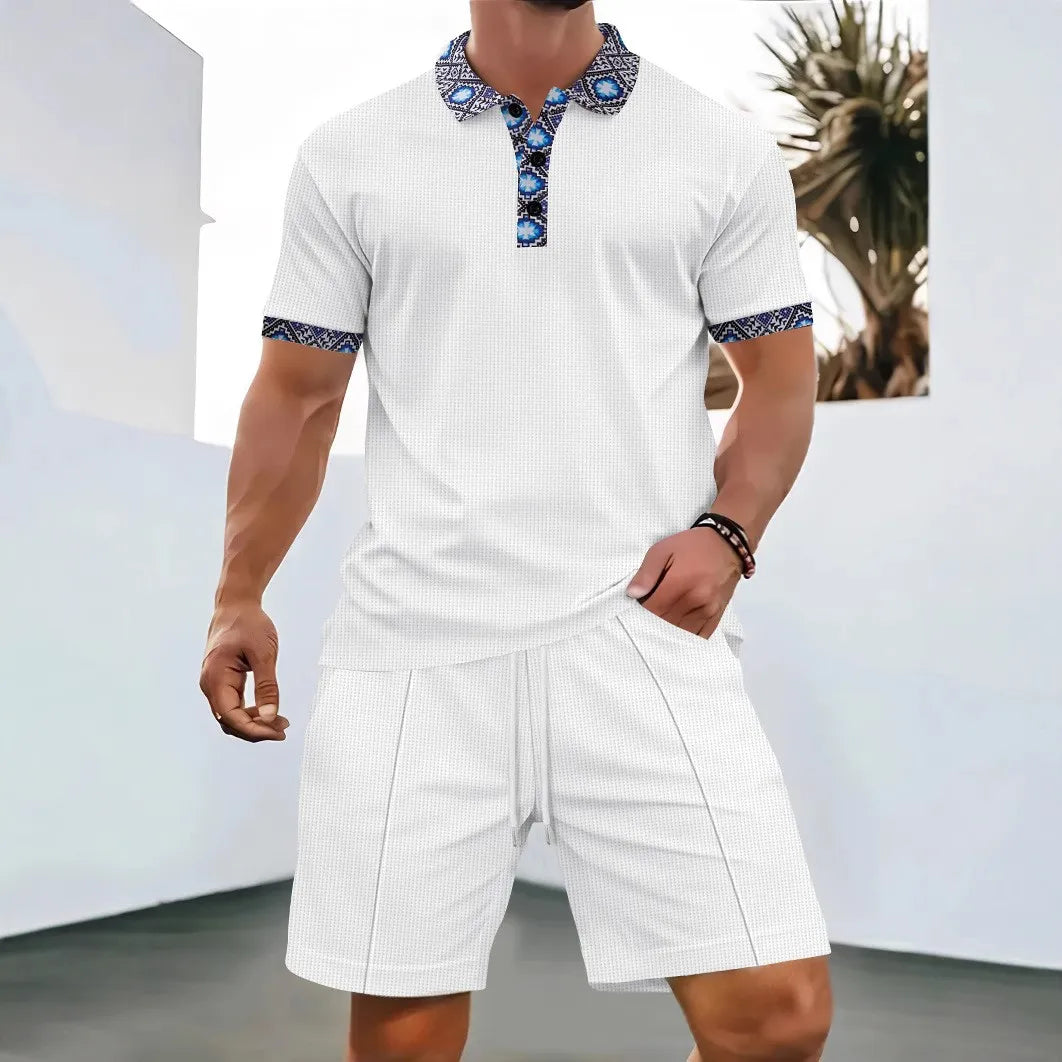 Men's Two-Piece Zip-Up Lapel T-Shirt and Shorts Set - Casual Summer Activewear