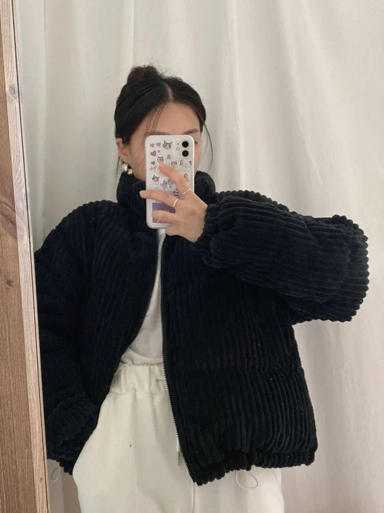 Women's Thick Corduroy Puffy Short Parka with Zipper Closure