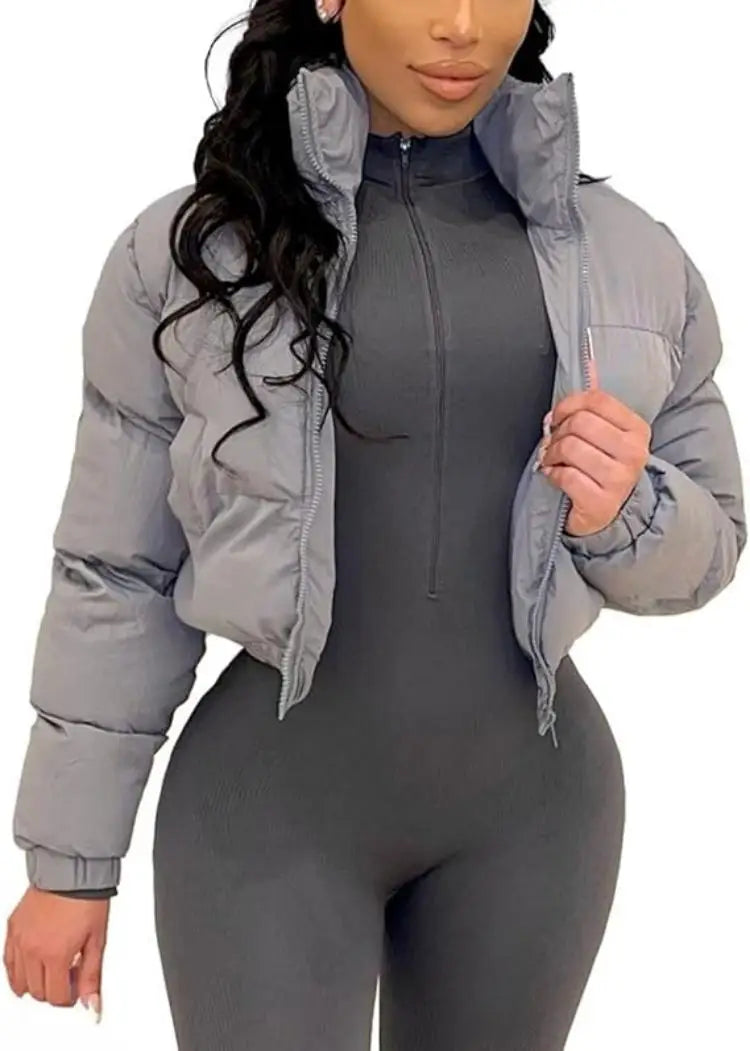 Women's Cropped Puffer Jacket - Casual Zip-Up Cotton Jacket with Padding