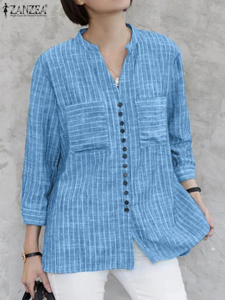 ZANZEA Women's Vintage Striped Blouse - 3/4 Sleeve Loose-Fitting Button-Up Shirt