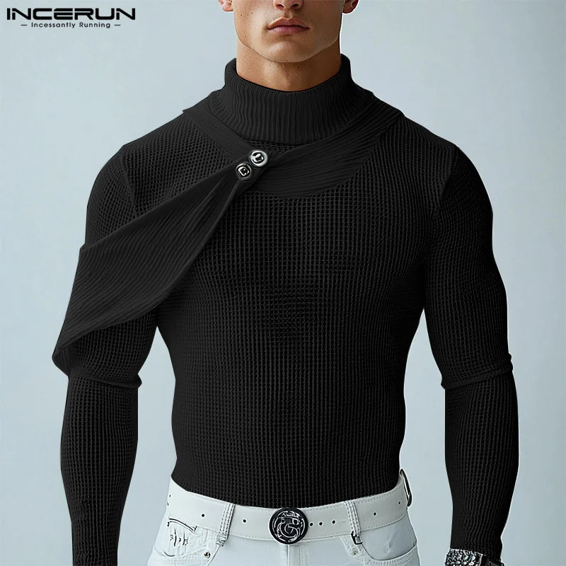 INCERUN Men's Mesh Splicing High Neck Sweater - Thin & Textured Knitwear