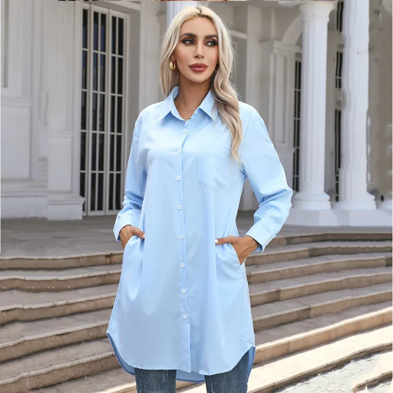 Women's Oversized Long Button-Up Shirt with Pockets - Stylish Blouses & Casual Wear